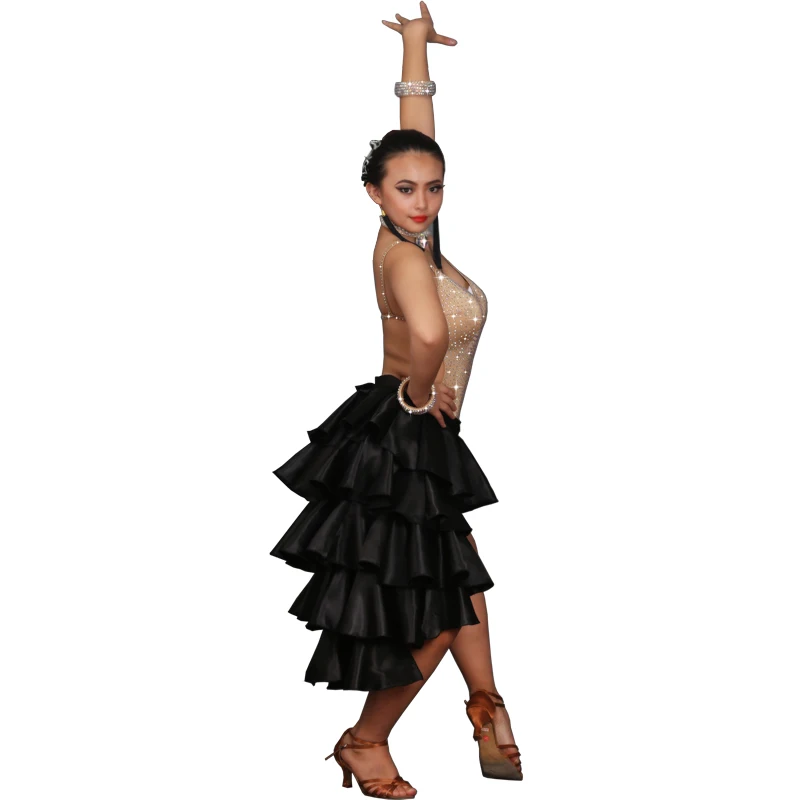 New Latin Dance Competition Performance Dress Color One Piece Red Long Hem, Shiny Diamond Black Hem