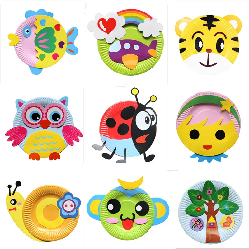 Animal Cartoon Paper Plate Drawing DIY Handmade Craft Toys Material Package Children Creative Puzzle Toys Colorful Paper Plate