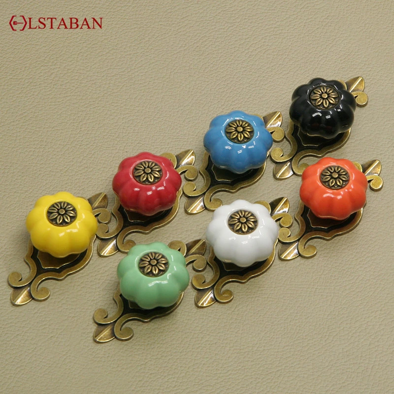 LSTABAN Chinese Pastoral Ceramic Pumpkin Style Knob Drawer Shoe Cabinet Door Single Hole Wardrobe Handle