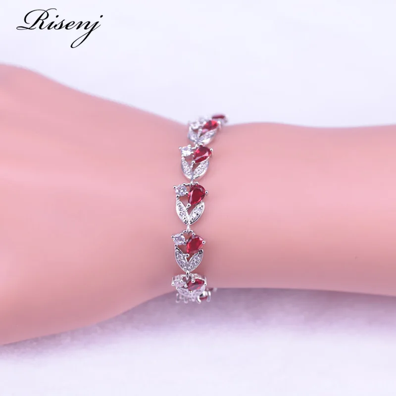 Lucky Color Red Zircon 925 Sterling Silver Jewelry Set For Women Stud Earrings Ring Necklace Bracelet Set Costume Jewelry Set