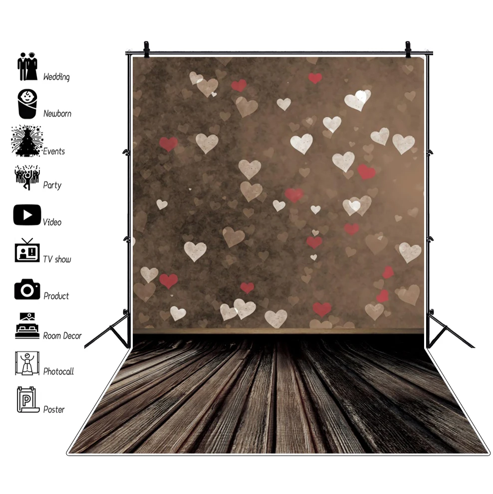 Laeacco Gray Color Backdrops Wooden Board Texture Photography Heart Polka Dots Light Bokeh Photo Background For Photo Studio