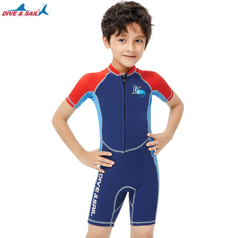 Boy's Swimsuit 2MM Neoprene Children's Wetsuit One-Piece Warm Sunscreen Short Sleeve Surfing Wetsuit Male Snorkeling Swimsuit