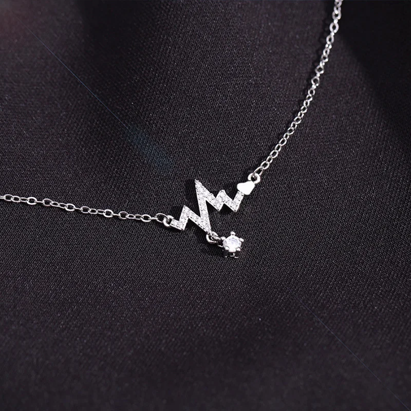 Shiny Zircon Heartbeat Electrocardiogram Necklace For Women Fashion Valentine's Day Gift 925 Silver Necklace Girl Jewelry KOFSAC