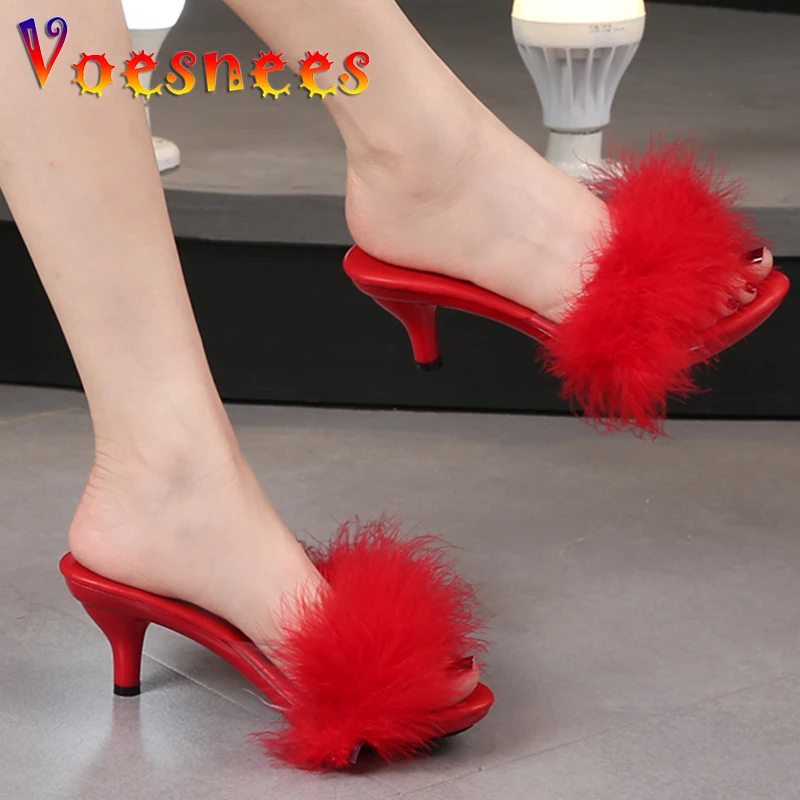 Solid Color Feather Fairy Slippers Summer Transparent Sandals Thin High Heels Sexy Fur Crystal 6cm Low Heel Derss Women Shoes