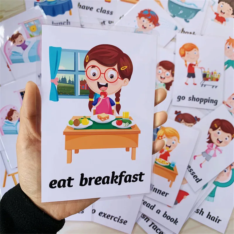 34pcs English Early Learning Flash Cards For Kids Daily Behavior Life Educational Word Card Kindergarten Teacher Teaching Aids