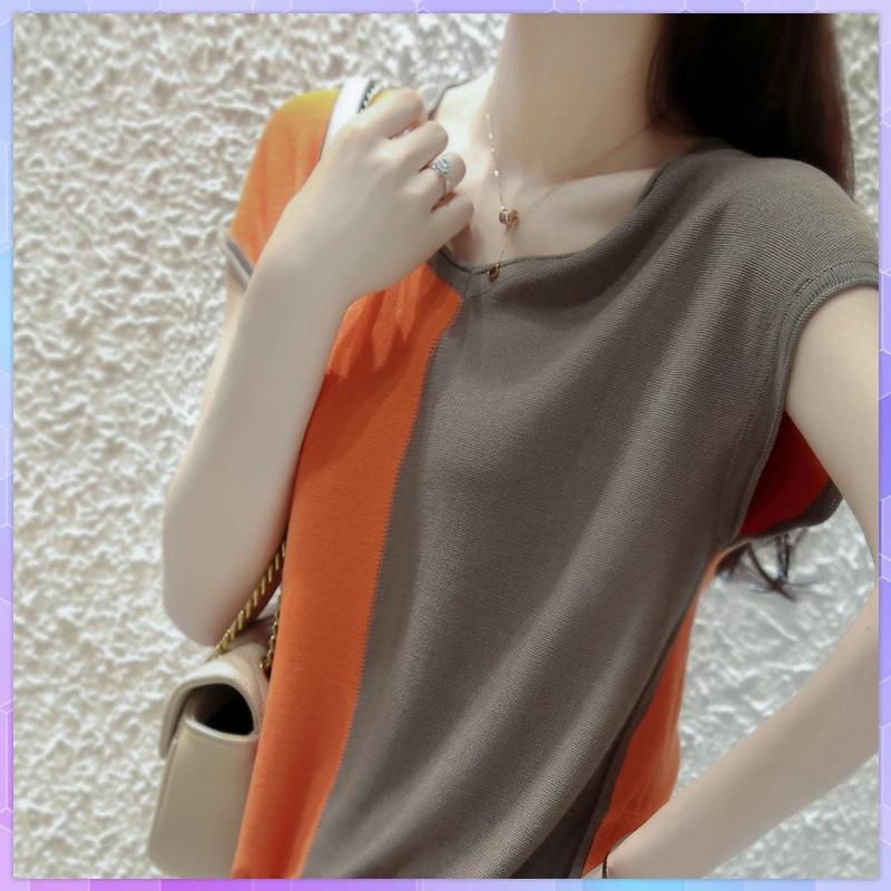 Retro Patchwork T-Shirt Short Sleeve Knit Tops 2021 Summer Fashion Casual V-neck Oversized T-shirts Summer Plus Size Basic Top