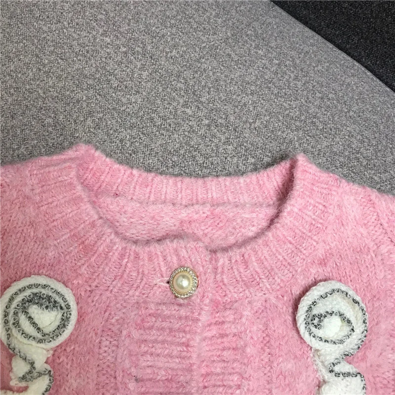 Pink Fashion Knitted New Womens Cardigan Stereoscopic Embroidery Flower Vintage Warm Wool Sweater Autumn Winter Female Clothing