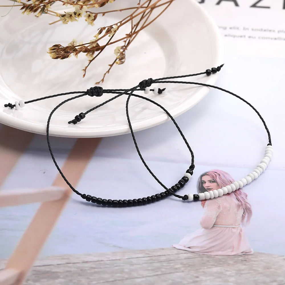 2pcs/set Handmade Small Black White Seed Bead Bracelet for Women Men Adjustable Rope String Braided Bracelets Friendship Jewelry