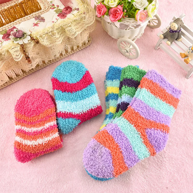 5pairs/Lot Winter To Keep Warm Coral Fleece Fashion Able Sweet Candy Colors Baby Socks Boy /girls Socks