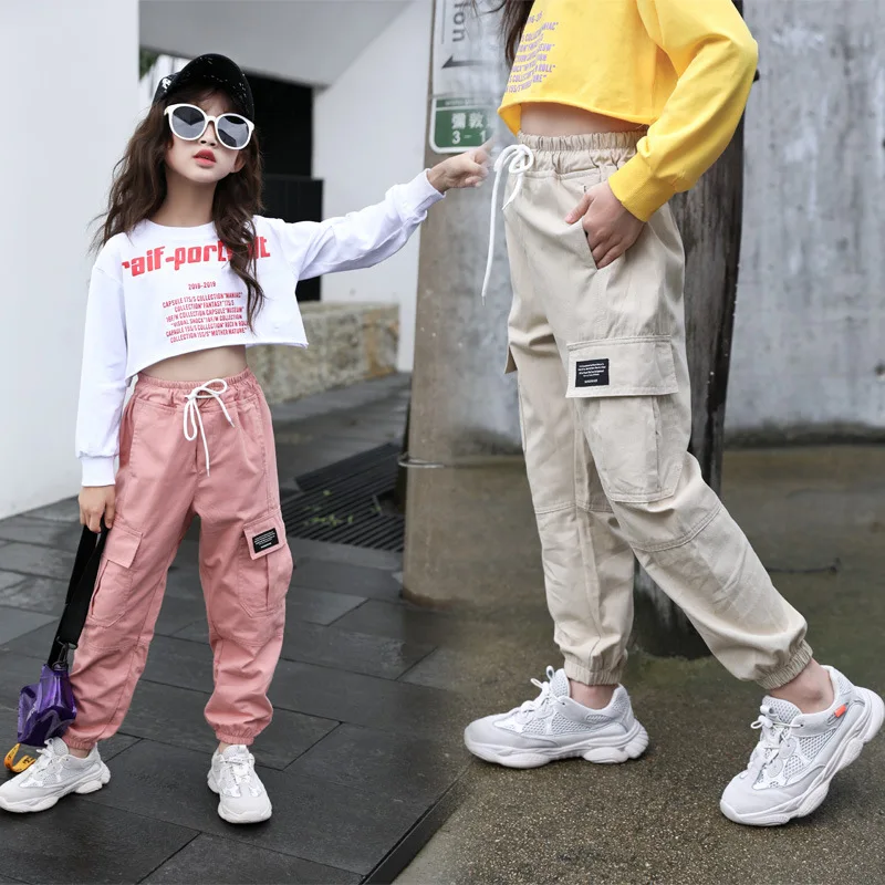 Trend Clothing Girls Pants Cotton Cargo Pants Multi-pocket Girls Sweatpants Elastic Waist Harem pants Kids Children Hip-hop Pant image 4