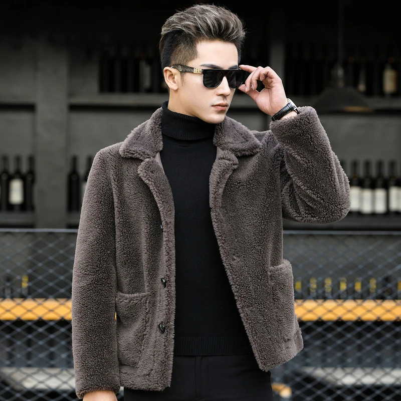 

2021 New Winter Men Sheep Fur Coat Male Turn-down Collar Thick Warm Leather Jacket Men's Real Fur Coat Jackets U16