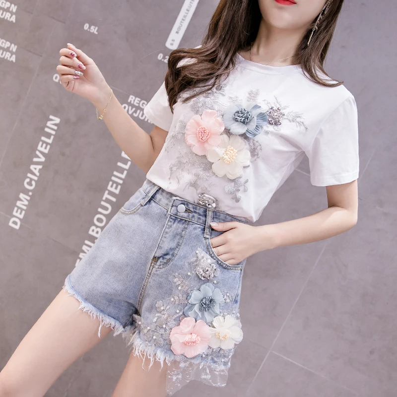 

Hot Summer Women Sets Fashion Short Sleeve T-Shirt And Hole Shorts Jeans Two-piece Set Female Embroidery 3D Flower Casual Suits