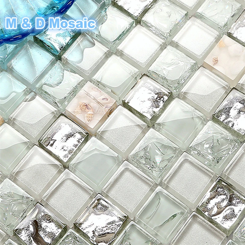 Crystal Glass Sea Sheel  White green mosaic tile_ Kitchen backsplash wall tile DIY home decoration