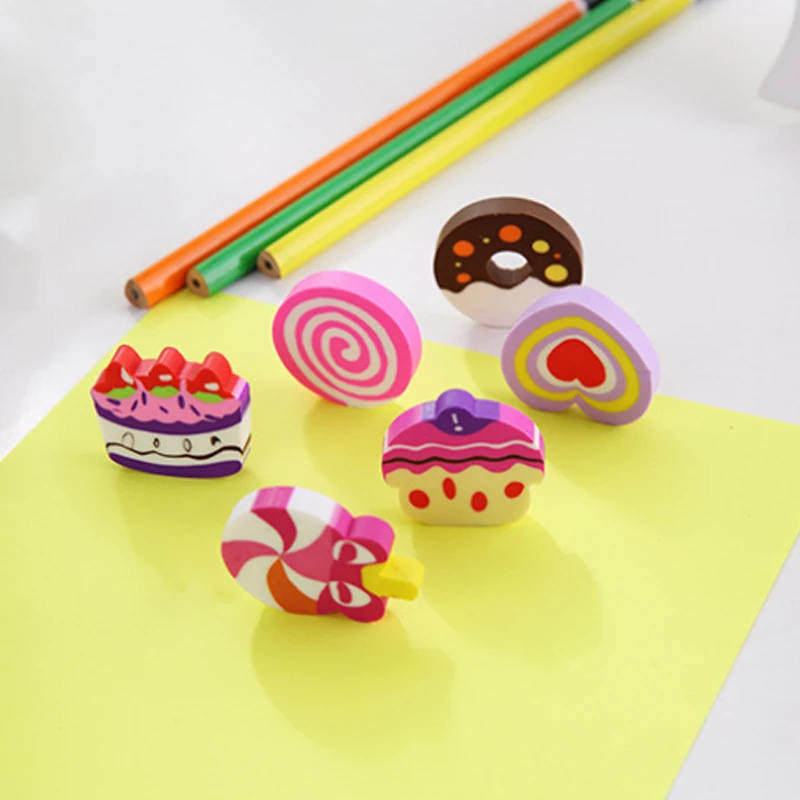 6pcs/lot Lovely Cake Donut Pencil Eraser Kawaii Mini Animal for School Student Stationery Kids Prize Toys Gift