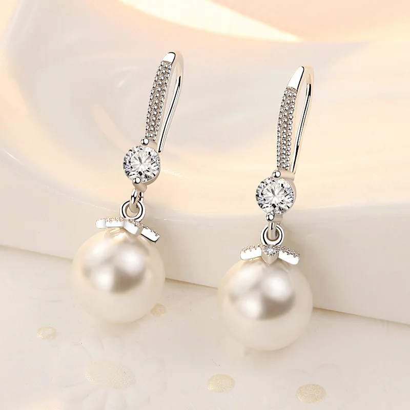 LByzHan Elegant Round Imitation Pearl Dangle Earrings Dazzling CZ Women Engagement Wedding Graceful Accessories Fashion Earrings