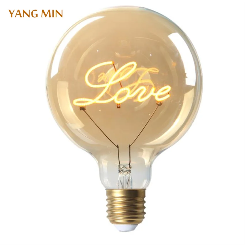 

YANG MIN Free Shipping New design LOVE letter Dimmable LED filament bulb G125 amber 2200k 4w decorative lighting led bulb