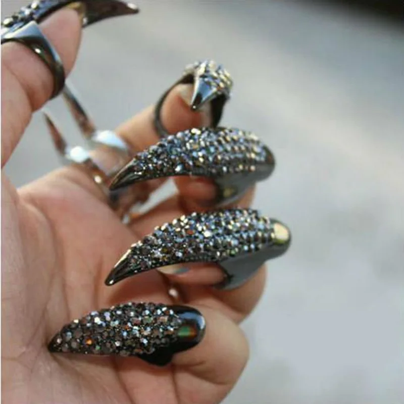 5PCS/ Set Punk Finger Rings For Women and Men Black Gold Color Cz Crystal Eagle Claw Nail Art Decoration Party Rings Jewelry