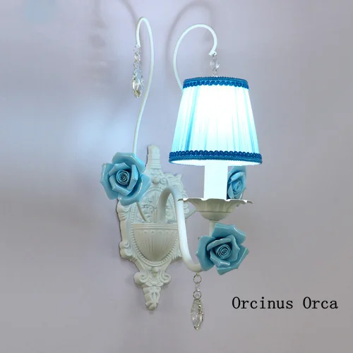 European pastoral blue wall lamp living room  bedside lamp Mediterranean creative flower iron wall lamp