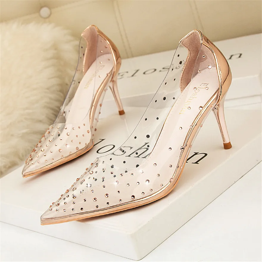 

Clear Rhinestone Transparent Women Shoes 2024 Autumn Show Thin Pointed Sexy Party Prom Shoes High Heels Crystal Pumps Woman Gold