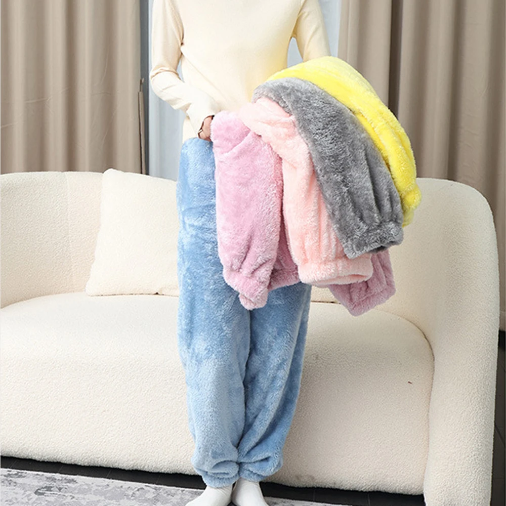 New Winter Pajamas Home Pants Women Thicken Warm Elastic Trousers Loose Fleece Pijamas Pants Sleepwear Solid Autumn Nightwear