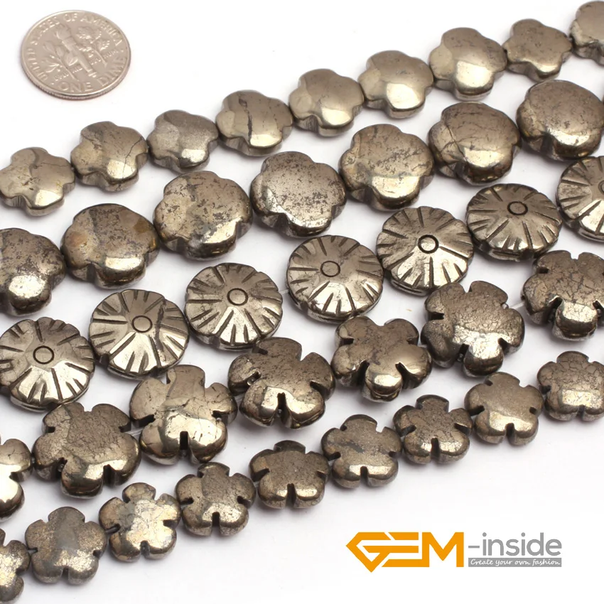 Natural Stone Gray Irony Pyrite Flower Coin Beads For Jewelry Making Strand 15 Inch DIY Loose Bracelet