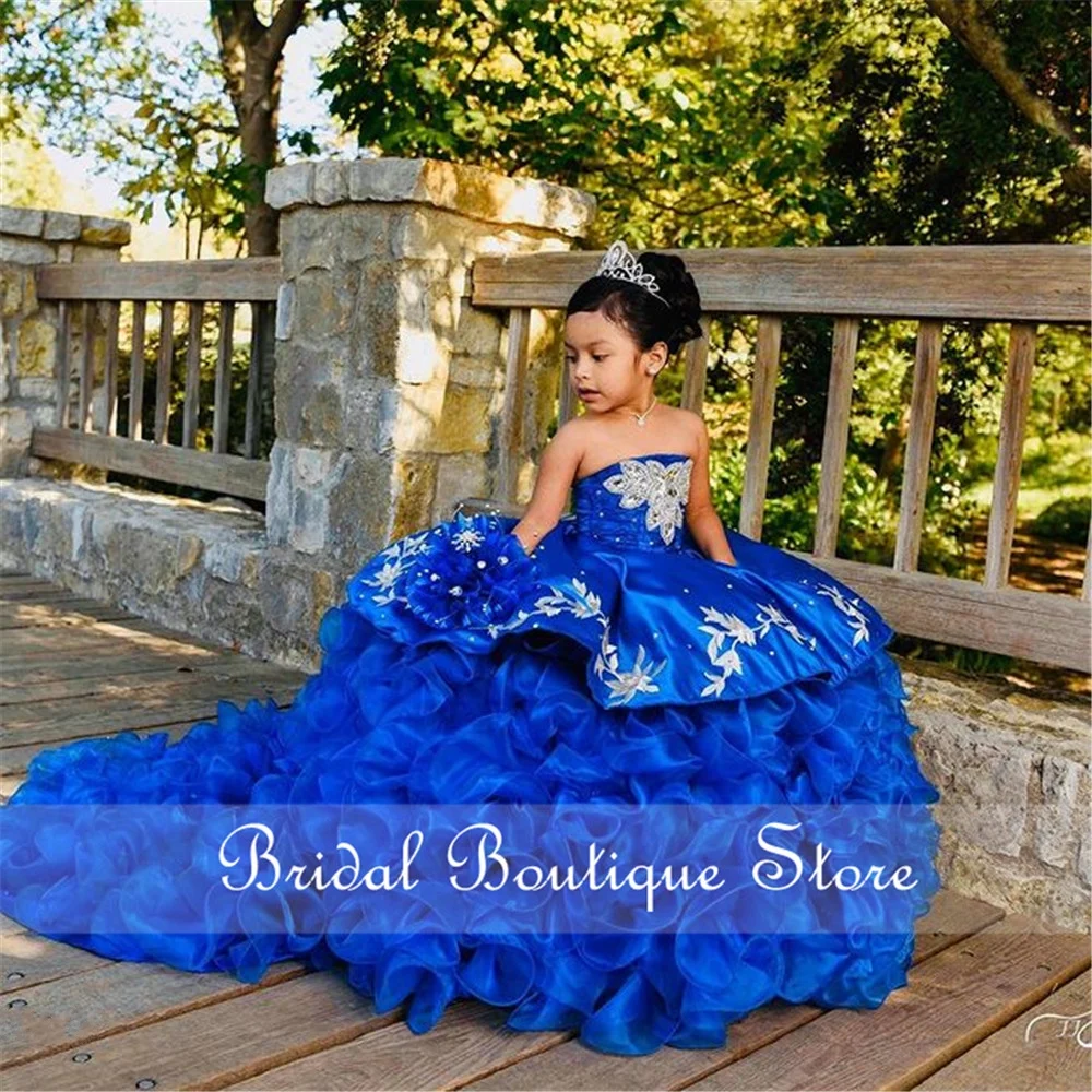 Azul real bonito crianças vestido de princesa strass cristais pageant vestidos inchado flores vestido da menina fotografia personalizado