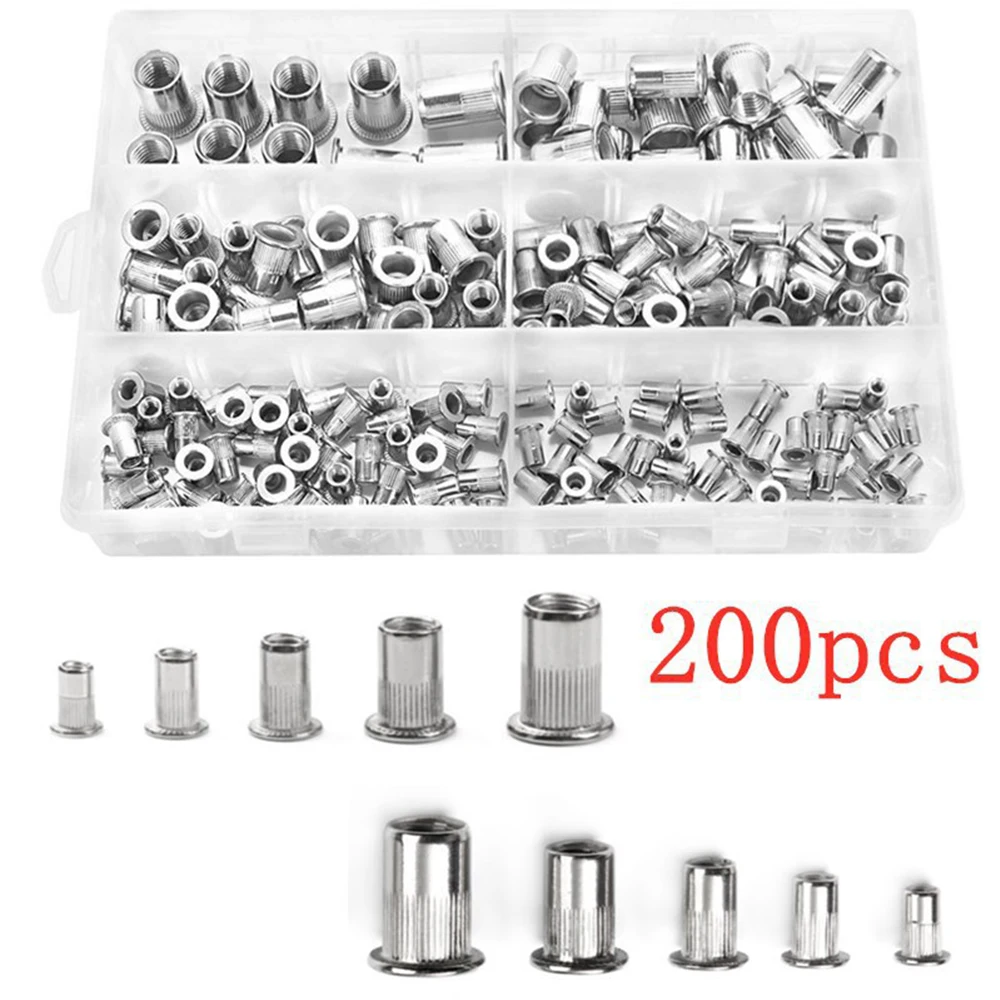 

200pcs/box Stainless Steel Flat Head Rivet Nuts Set M3 M4 M5 M6 M8 M10 Insert Reveting Multi Size Stainless Steel Rivet Nut Set