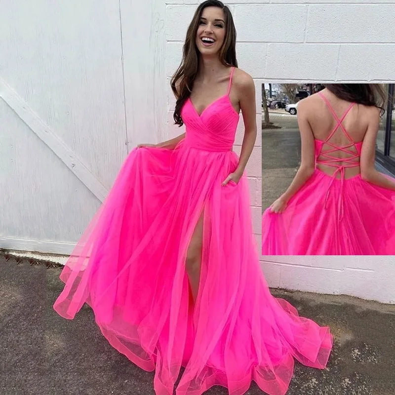 Elegant Fushcia Evening Formal Dresses 2024 Spaghetti Strap Slit Corset Girls Long Prom Graduation Gowns Robe De Soriee