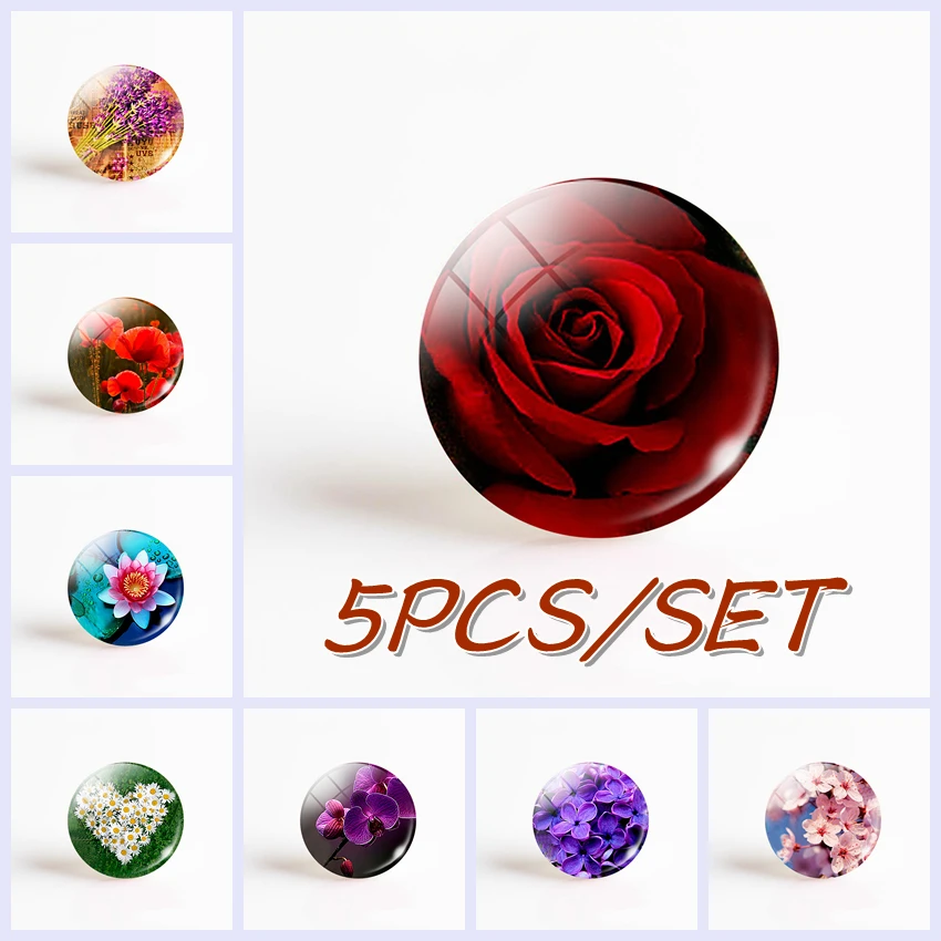 5PCS/SET Daisy Rose Sakura Photo 16/20/30mm Fashion Jewelry Glass Cabochon Jewelry Accessories Handmade Charm Women Gifts