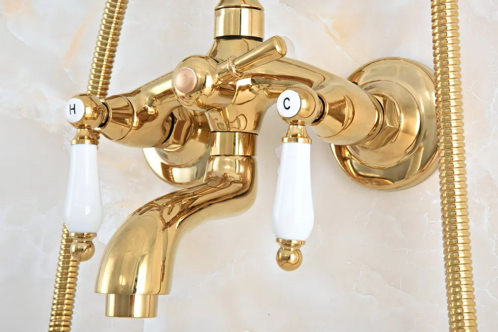 Luxury Polished Gold Color Brass Bathroom Wall Mounted Clawfoot Tub Faucet Taps Set With Hand Held Shower Head Spray mna821