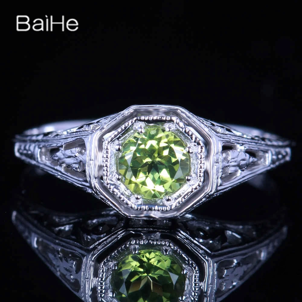 

BAIHE Solid 14K White Gold(AU585) 0.92CT Certified Green/Flawless Round 100% Genuine Peridot Wedding Women Casual/Sporty Ring