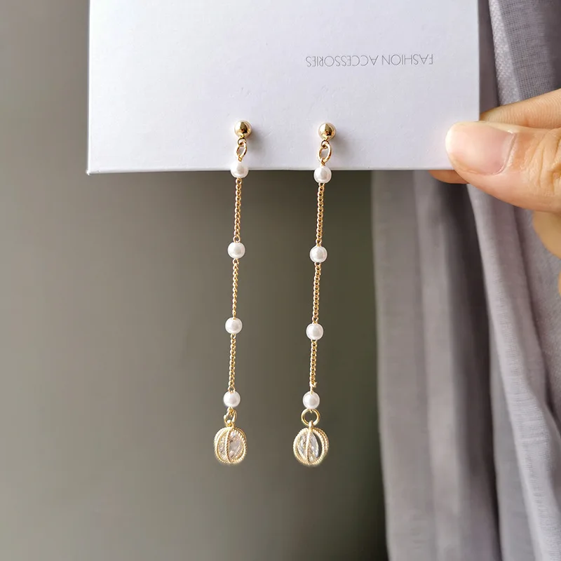 Korea Style Fairy Long Pearl Tassel Zircon Clip on Earrings No Hole Temperament Simple Shiny Rhinestone Hollow Ball Earrings