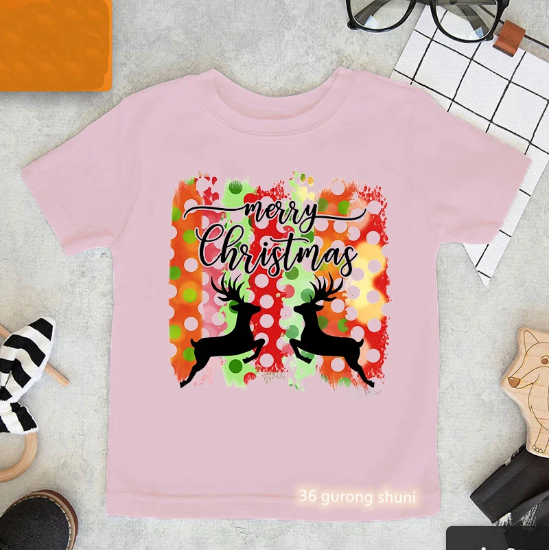 Merry Christmas Gift Print T-Shirt Girls Funny Pink Tshirt Kawaii Kids Clothes Summer Fashion T Shirt Girl Harajuku Shirt Tops