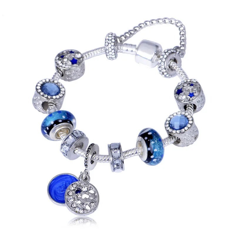 Hot selling national style blue starry alloy beaded bracelet European and American popular star Pandora charm bracelet