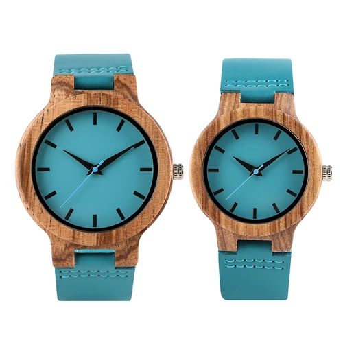 Imagen 1 del producto Reloj de pulsera de madera de cuarzo azul real de lujo, correa de cuero genuino, regalos del Día de San Valentín para hombres y mujeres