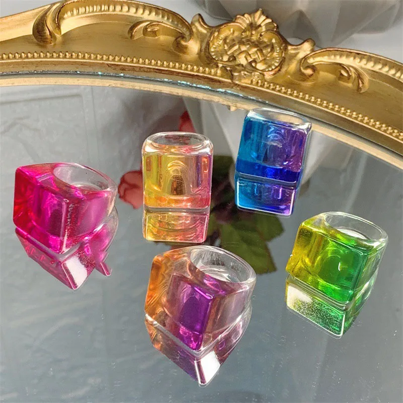 2022 New Korea Harajuku Shiny Square Colorful Transparent Geometric Resin Acrylic Rings For Women Girls Summer Hot Sale Jewelry