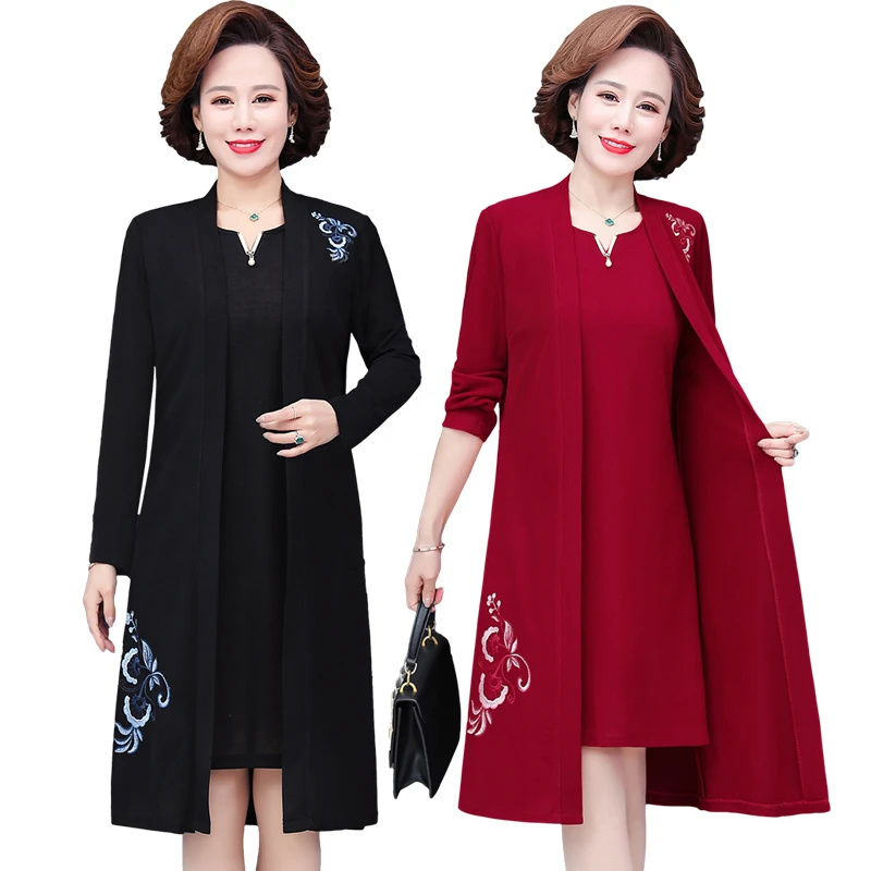 Middle-aged Female Dress Two-piece Suit Spring Autumn High-end Elegant Dress Women\'s Embroidered Dress Set 5XL