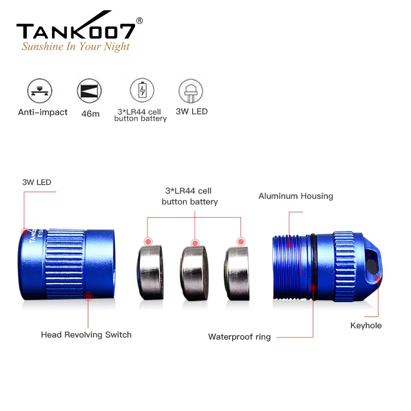 TANK007 Outdoor EDC Keychain Flashlight Mini 3W LED 100 Lumens Torch Waterproof 3 Button Cell Battery lightweight Portable