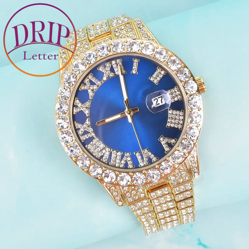 Drip Letter Red Watch Ice for Men Luxury Big Rhinestone Dial Military Quartz Clock Business Waterproof Hip Hop Jewelry Gift