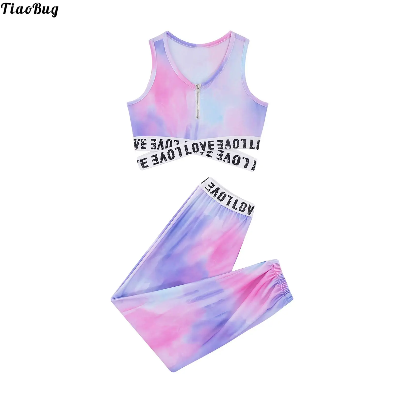 

TiaoBug Kids Girls Gymnastics Tie-Dyed Print Tracksuits Outfit Tank Crop Top With Pants Set For Sports Yoga Workout Fitness Gym