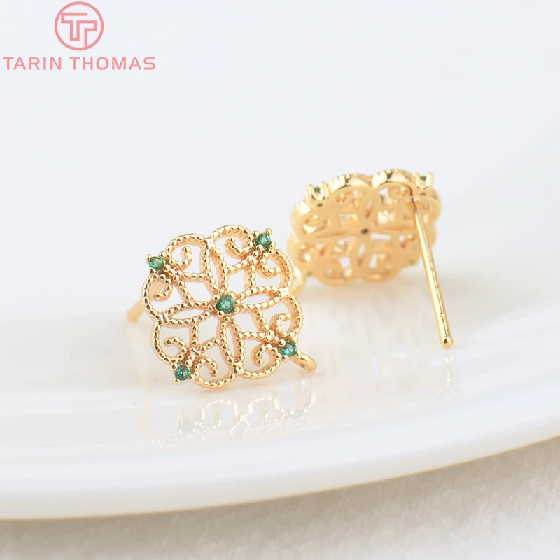 (1927)4PCS 10x12MM 24K Gold Color Brass with Zircon Hollow Rectangle Stud Earrings High Quality Diy Jewelry Findings Accessories