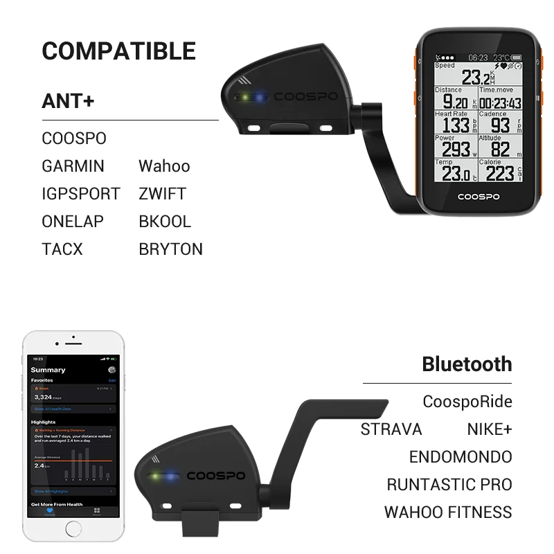 COOSPO Bicycle Speed And Cadence Dual Sensor Bluetooth 5.0 ANT+ Wireless Waterproof For Wahoo Zwif Garmin etrex 30x