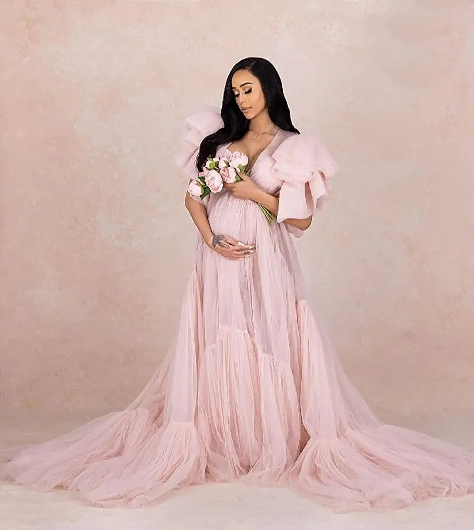 Materinty Photoshoot Pregnant Women Robe Bridal Shawl Corset Dress Puffy Sleeves Fluffy Multilayer Fotografie Gowns with Belt