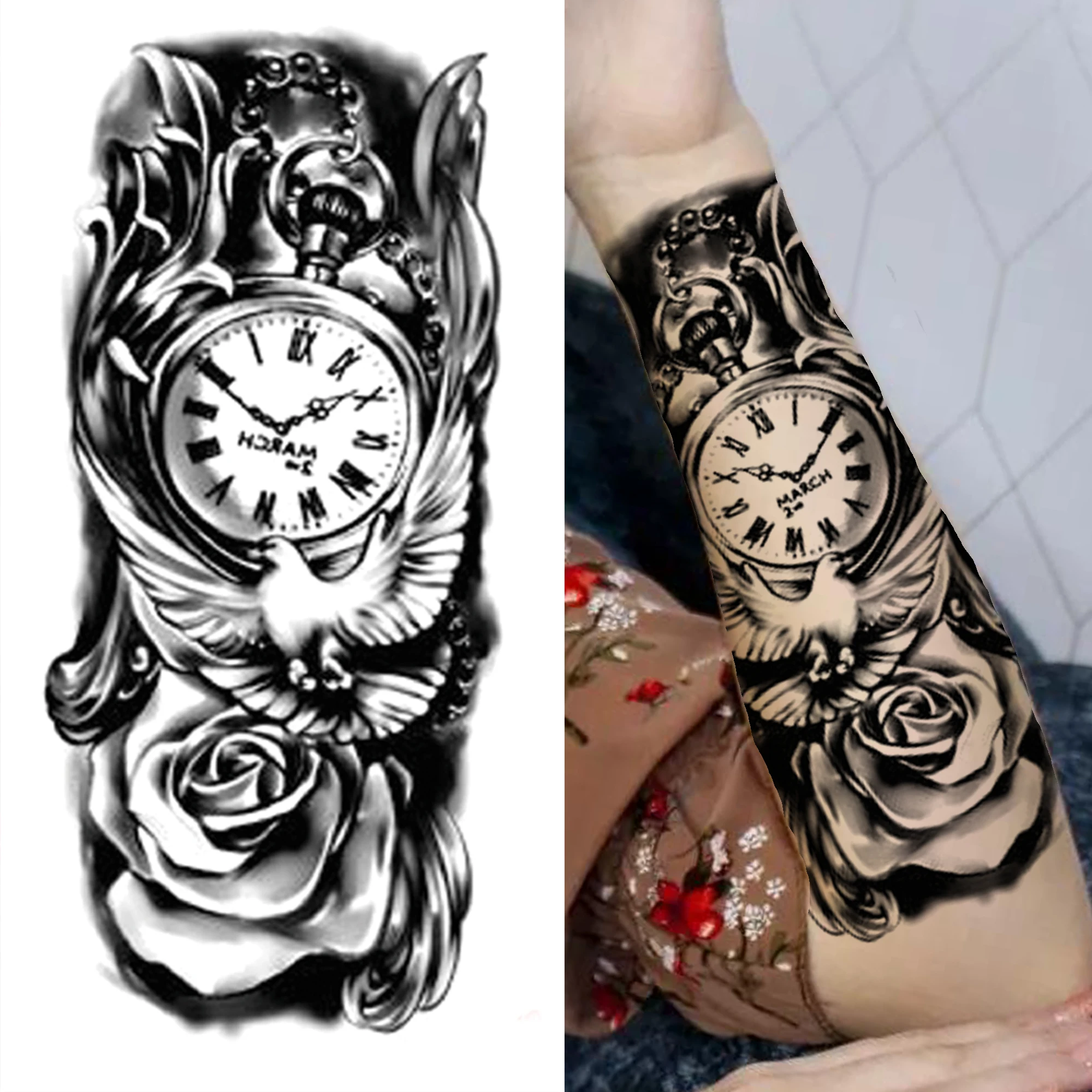 Compass Half Sleeve Temporary Tattoos For Women Men Adult Black Cross Tattoo Sticker Realistic Fake Lion Tatoo Bird Clock Flower