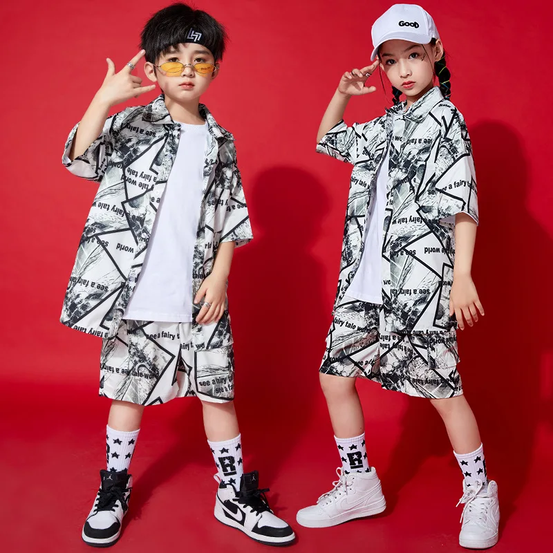 Kid Hip Hop Clothing Geometry Oversized Harajuku Shirt Top Streetwear Summer Shorts for Girls Boys Jazz Dance Costume Clothes