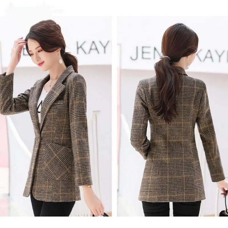 PEONFLY Vintage Office Lady karbowany kołnierzyk Plaid Women Blazer zapinany na jeden guzik jesienna kurtka 2022 casualowe kieszenie damskie