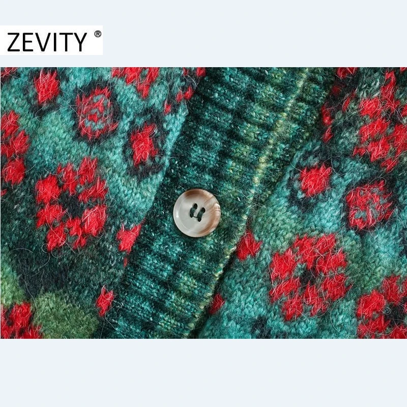 Zevity Women Vintage Square Collar Contrast Color Flower Print Knitting Sweater Female Long Sleeve Chic Cardigans Coat Tops S540