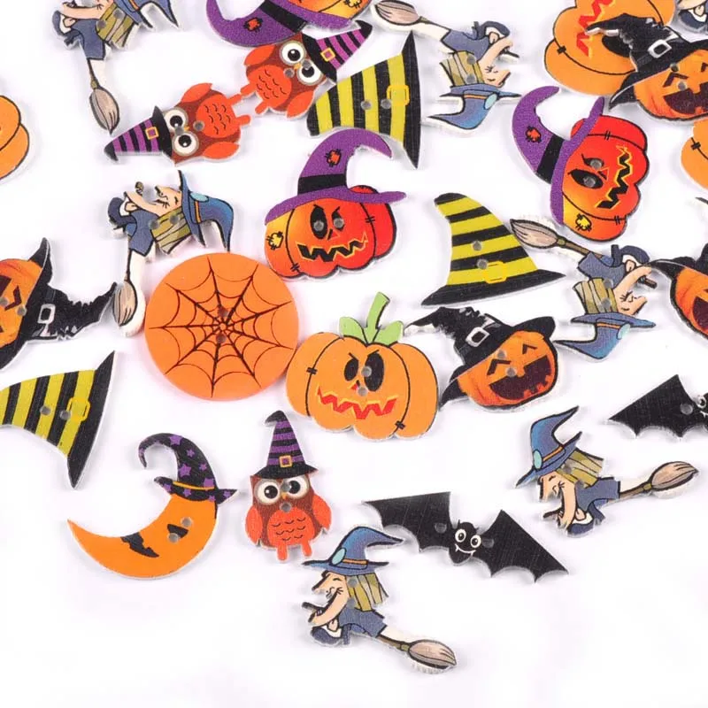 50 sztuk Halloween czaszka/dynia Flatback drewniane guziki dla majsterkowiczów Scrapbooking rzemiosło szycie dodatki odzieżowe Home Decor m2718