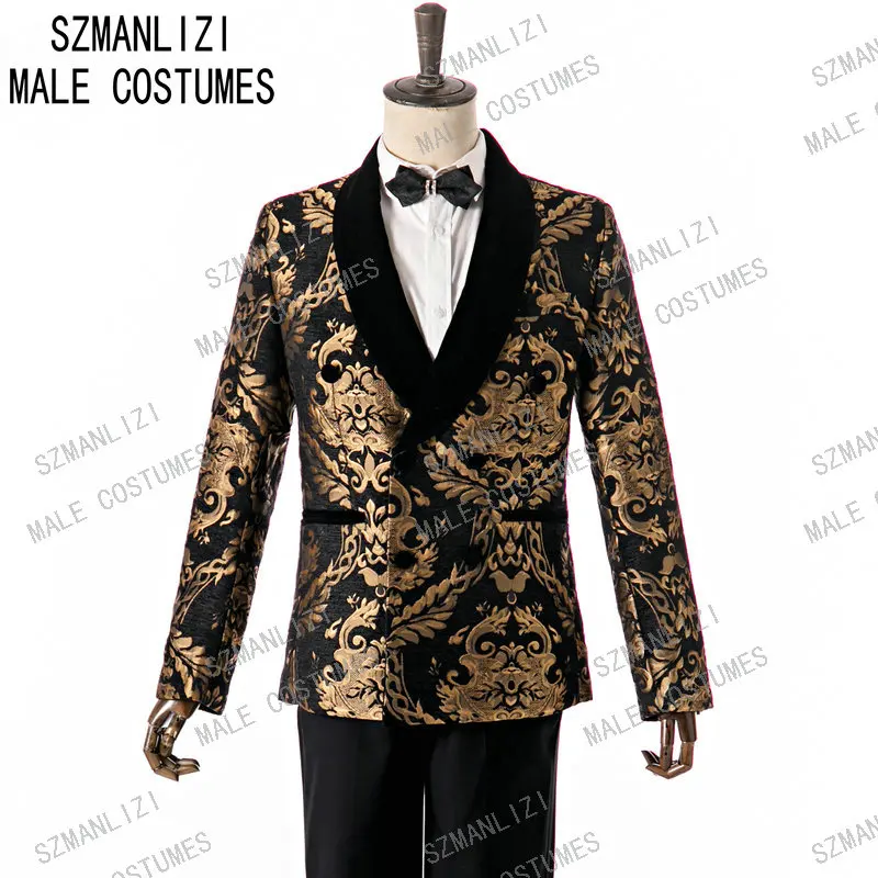 

SZMANLIZI New Arrival 2020 Men Suits Slim Fit 2 Piece Double Breasted Prom Tuxedos Groom Wedding Smoking Jacket Best Man Blazer