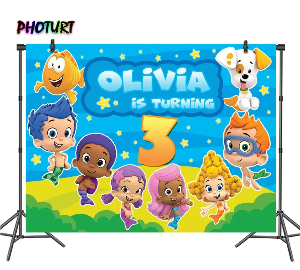 PHOTURT Bubble Guppies Photography Backdrop Baby Shower 1st Birthday Party Background Star Blue Custom Vinyl Photo Studios Props